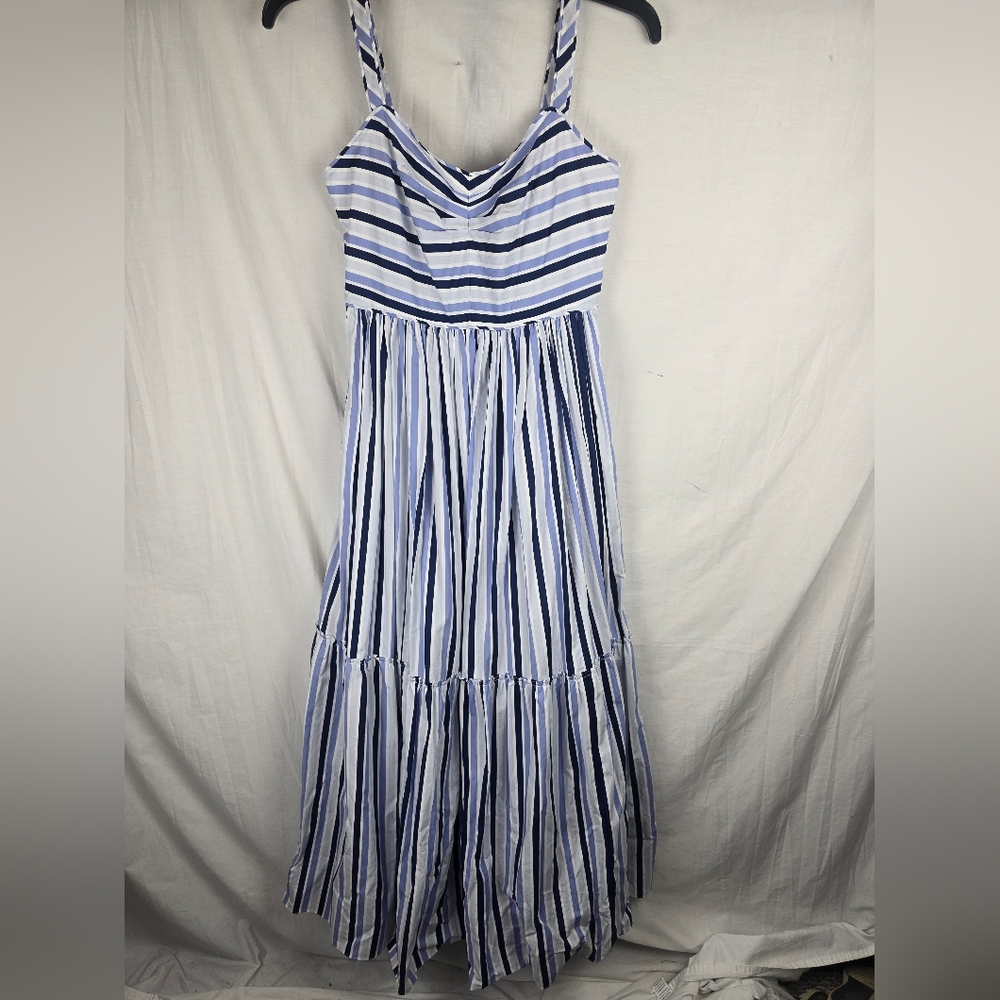 J.Crew Shirting Striped Tiered Multi Blue and White Cotton Maxi Dress Sz 4 Tall - Picture 2 of 12